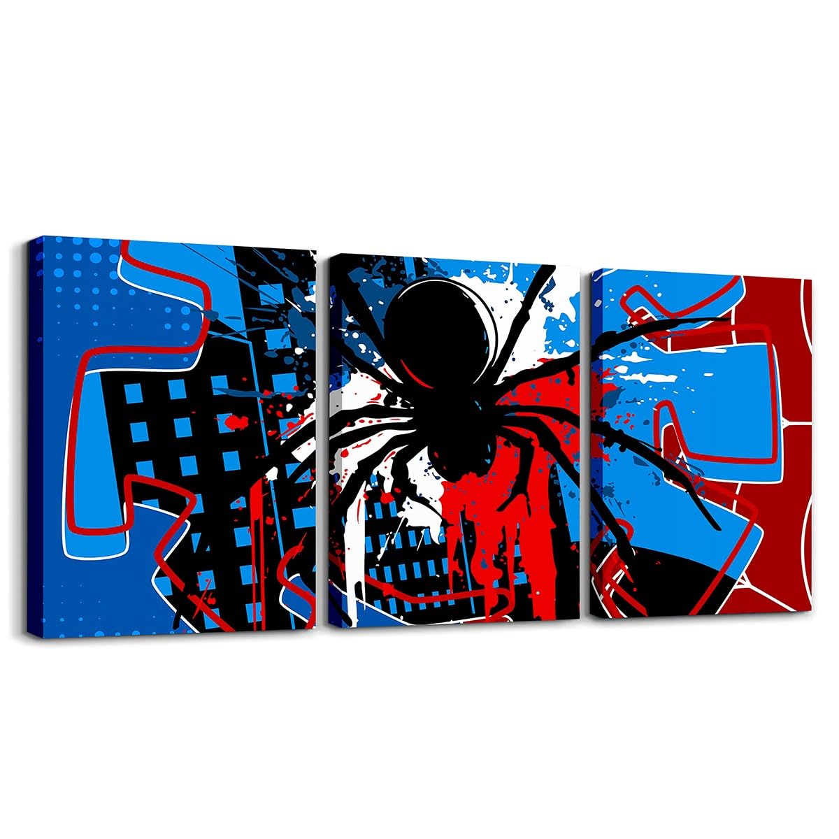 Spider Web Canvas Wall Artwork Decor,Spider Arachnid Insect Animal Wall Painting,Boys Girls Men Room Decor,Modern Block Halloween Poster Pictures,Red Blue Unique 3 Pieces Framed Canvas Wall Art