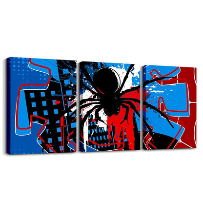 Spider Web Canvas Wall Artwork Decor,Spider Arachnid Insect Animal Wall Painting,Boys Girls Men Room Decor,Modern Block Halloween Poster Pictures,Red Blue Unique 3 Pieces Framed Canvas Wall Art