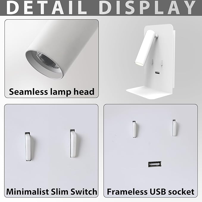 ZEROUNO Plug in Wall Light Bedroom Wall Mounted Reading Light LED Bedside Sconces with Switch USB Port Wall Lighting Lamps 3000K(White)