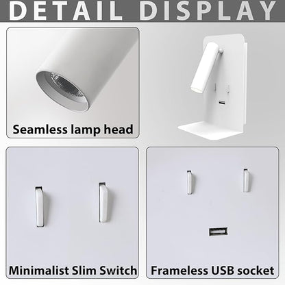ZEROUNO Plug in Wall Light Bedroom Wall Mounted Reading Light LED Bedside Sconces with Switch USB Port Wall Lighting Lamps 3000K(White)