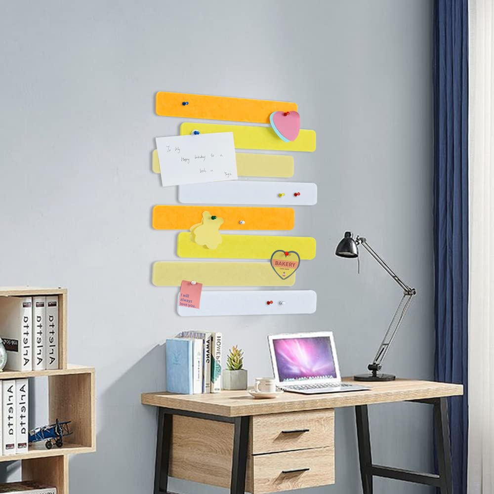 Vuzvuv 8 pcs Bulletin Board Bar Strips with 50 Pushpins，Self Adhesive Cork Board for Wall，Felt Pin Board for School，Office Decor(Yellow White)