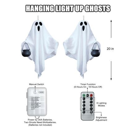 [Timer] 2 Pack Halloween Light Up Ghost Decorations, Battery Operated Flying Hanging Ghosts Glowing Led Lights Remote Control 8 Lighting Modes Floating Swinging Yard Garden Porch Outdoor Indoor Decor