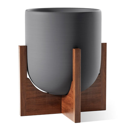LE TAUCI 12 Inch Planter with Acacia Wood Stand, Ceramic Large Plant Pot for Indoor Plants, Cylinder Pots with Drainage Hole and Plug, Charcoal Gray