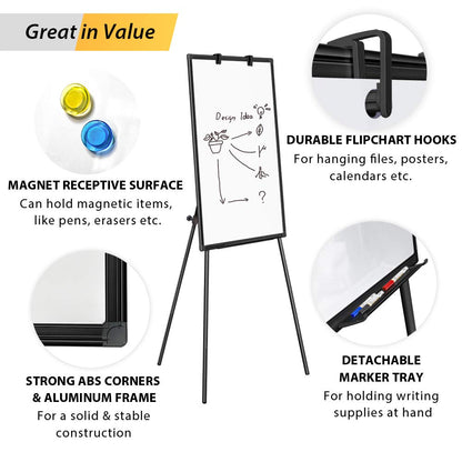 Easel Whiteboard - Black Magnetic Portable Dry Erase 40 x 28 Tripod Height Adjustable, Flipchart Easel Stand White Board for Office