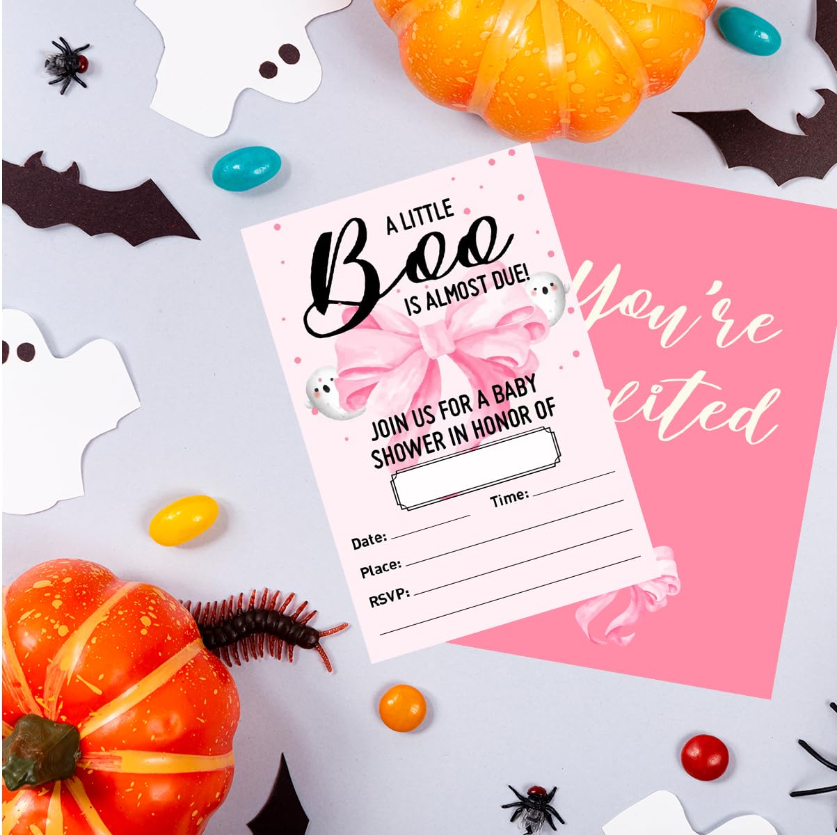 Halloween Baby Shower Girl Invitation Set of 20, 4"x6" Pink Invites Card