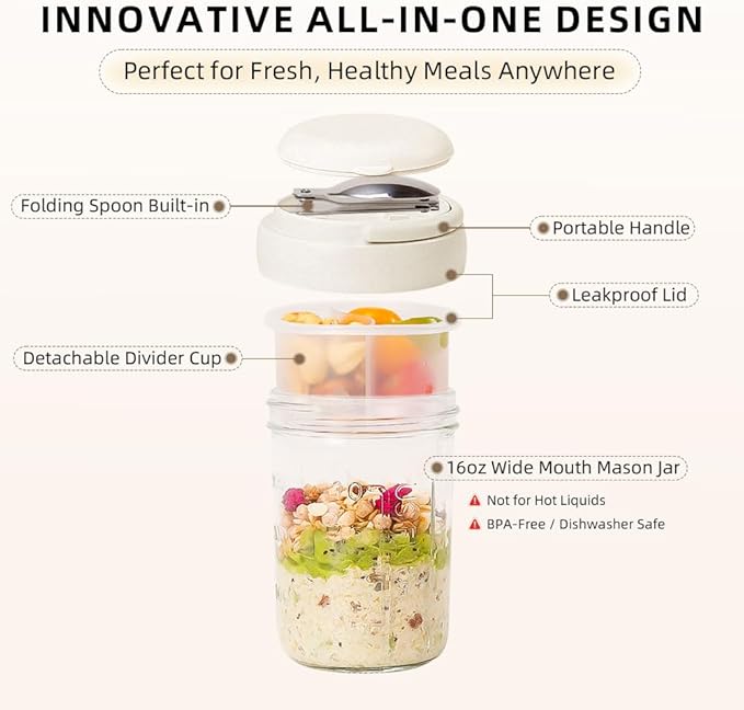 UWILLION Overnight Oats Containers with Lids and Handles, 16 oz Glass Mason Jars with Folding Spoons & Topping Compartments, Yogurt Parfait Cups for Meal Prep, Chia Pudding, Breakfast to Go, 2 Pack