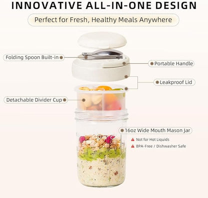 UWILLION Overnight Oats Containers with Lids and Handles, 16 oz Glass Mason Jars with Folding Spoons & Topping Compartments, Yogurt Parfait Cups for Meal Prep, Chia Pudding, Breakfast to Go, 2 Pack