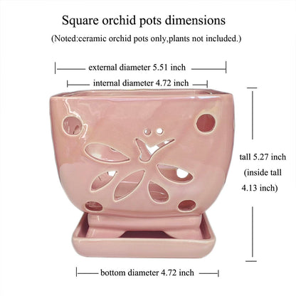 Grdthzey Orchid Pots with Holes Square Ceramic Orchid Planter Pots 5.5 inch (Pink)
