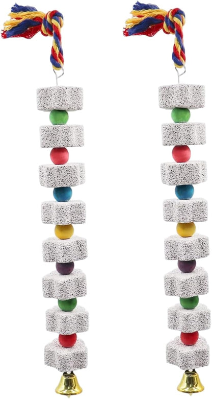 2PCS Bird Beak Grinding Stone, 13.8" Mineral Block for Birds with Bell, Hanging Parrot Chewing Toys for Cage Budgies Cockatiel Hamster Chinchilla