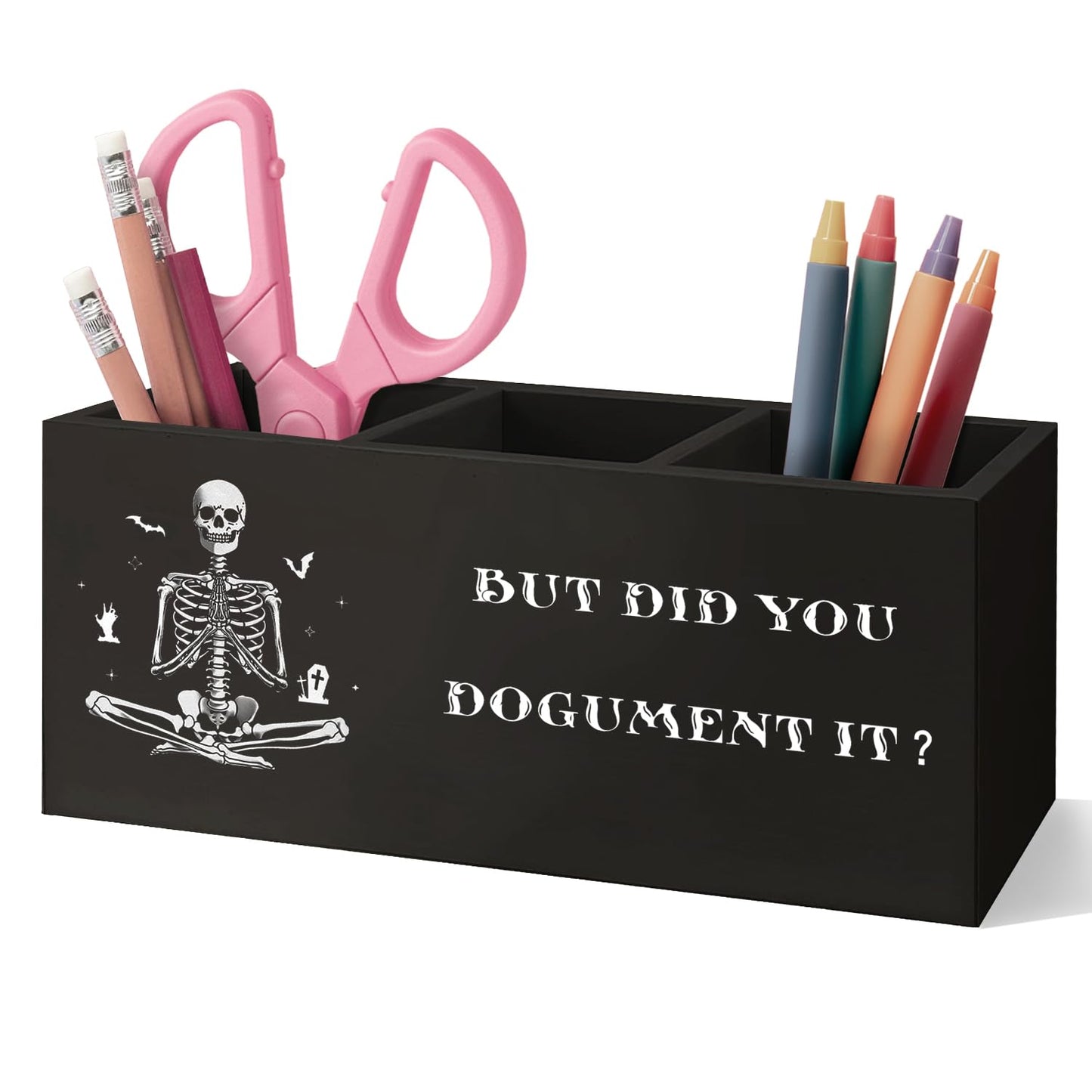 VIIJJUE Gothic Office Supplies Decor Wooden Pen Pencil Holder, Funny Office Gifts for Coworkers-But Did You Document It , Funny Gothic Skeleton Wooden Organizer for Home Desk Table Shelf Decor