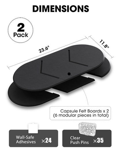 Cork Board Alternative, Felt Bulletin Board for Walls, 2-Pack 23.6"x11.8" Pin Board Wall Organizer with 35 Push Pins, Adhesive Install Wall Decor for Office, Classroom, Home, Desk Accessories