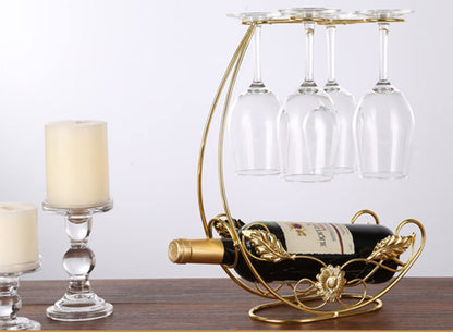 Homya Tabletop Wine Rack, Holds 4 Wine Glasses + 1 Bottle, Gold