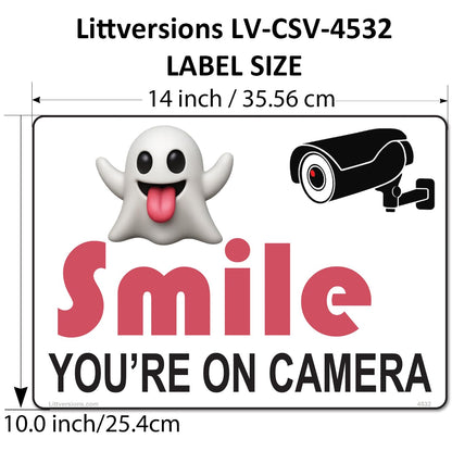 2 Pack 10"x14" Laminated Vinyl Funny Ghost Smile You're On Camera Video Surveillance Labels Stickers Sign Decals Security Sign for Home, Business, Cars, Windows, and CCTV Systems