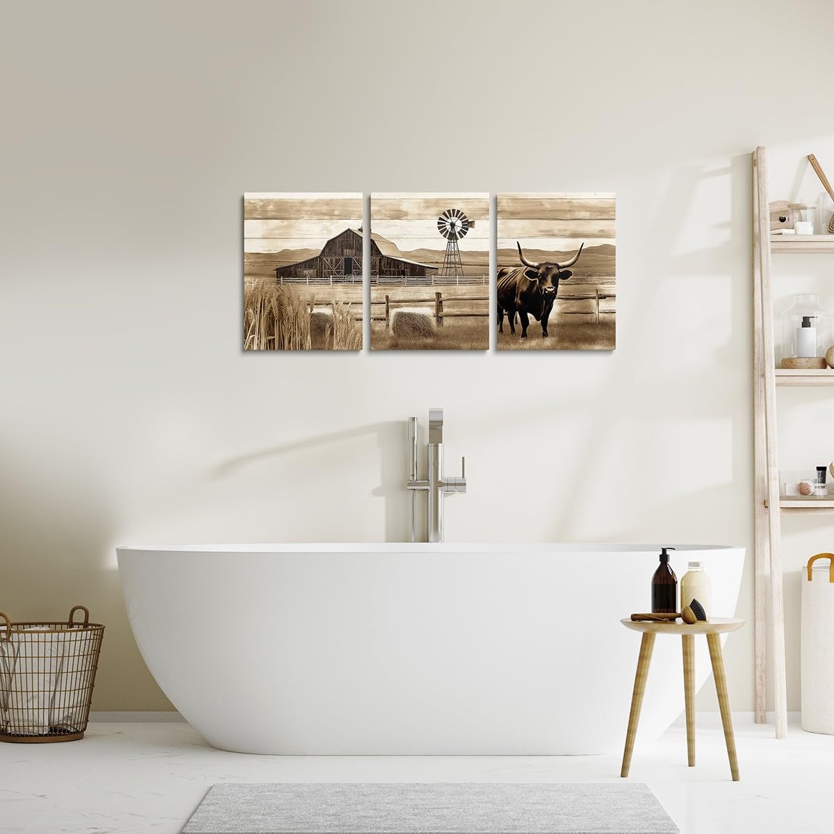 jejeloiu Western Canvas Wall Art for Living Room Bedroom 12"x16"x3pcs Rustic Farmhouse Cow Windmill Picture Wall Decor for Bathroom Retro Grass Office Decorations Artwork Posters Farm Nursery Painting