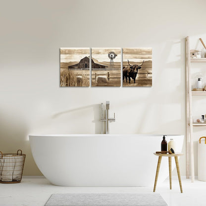 jejeloiu Western Canvas Wall Art for Living Room Bedroom 12"x16"x3pcs Rustic Farmhouse Cow Windmill Picture Wall Decor for Bathroom Retro Grass Office Decorations Artwork Posters Farm Nursery Painting