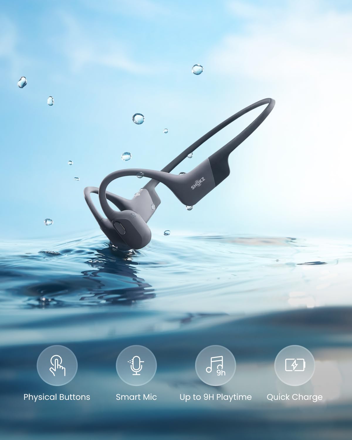 SHOKZ OpenSwim Pro - Open-Ear Bluetooth & MP3 Bone Conduction Sport Headphones, Swimming Headphones, IP68 Waterproof, Grey