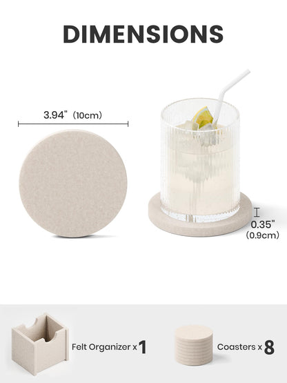 Fluxynara Felt Coasters for Drinks, Set of 8 Absorbent Coasters with Holder, Heat-Resistant & Reusable Round Design for Coffee Table & Living Room, 3.94 Inch, Oatmeal