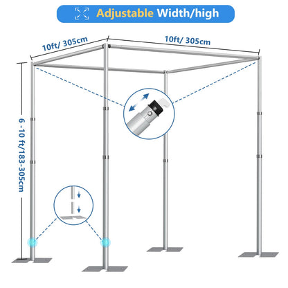 10ft Square Backdrop Stand Heavy Duty, 10Ft Tall x 40Ft Wide Adjustable Pipe and Drape Photo Background Support Kit, Adjustable Metal Frame with Flat Base for Wedding Birthday Party Decorations
