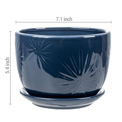 MyGift 7 Inch Round Blue Ceramic Plant Pot with Drainage Hole and Attached Saucer, Modern Decorative Embossed Sunburst Planter Container for Indoor Home Garden