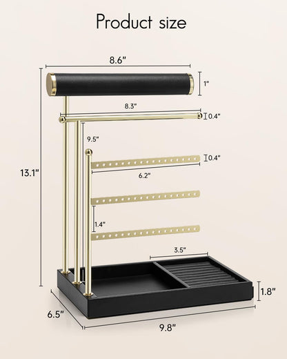 VLANDO Jewelry Stand Organizer with Ring Holder Tray, Necklace and Earring Storage for Bracelets, Watches and Rings, PU Leather Covered Wooden Tray with Gold Metal Frame - Black