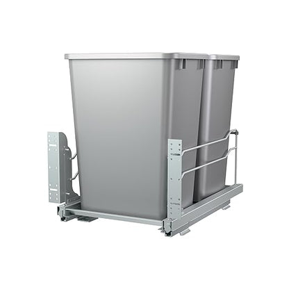 Rev-A-Shelf Double 35 Qt Pullout Trash Cans with Soft-Close for Under Kitchen Cabinets, Min Opening Width of 14.5", Metallic Silver, 53WC-1835SCDM-217