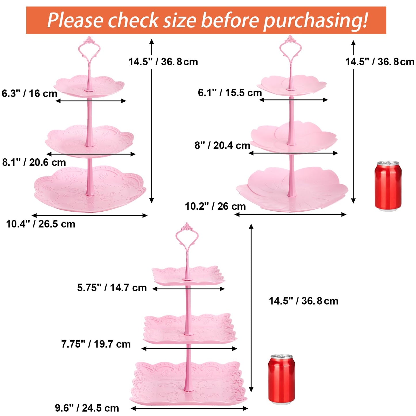 Tosnail 3 Pack 3 Tiers Plastic Cupcake Stand Dessert Stand Tiered Serving Trays with Pink Rod Candy Pastry Holders for Baby Shower, Wedding and Party - Pink Rod