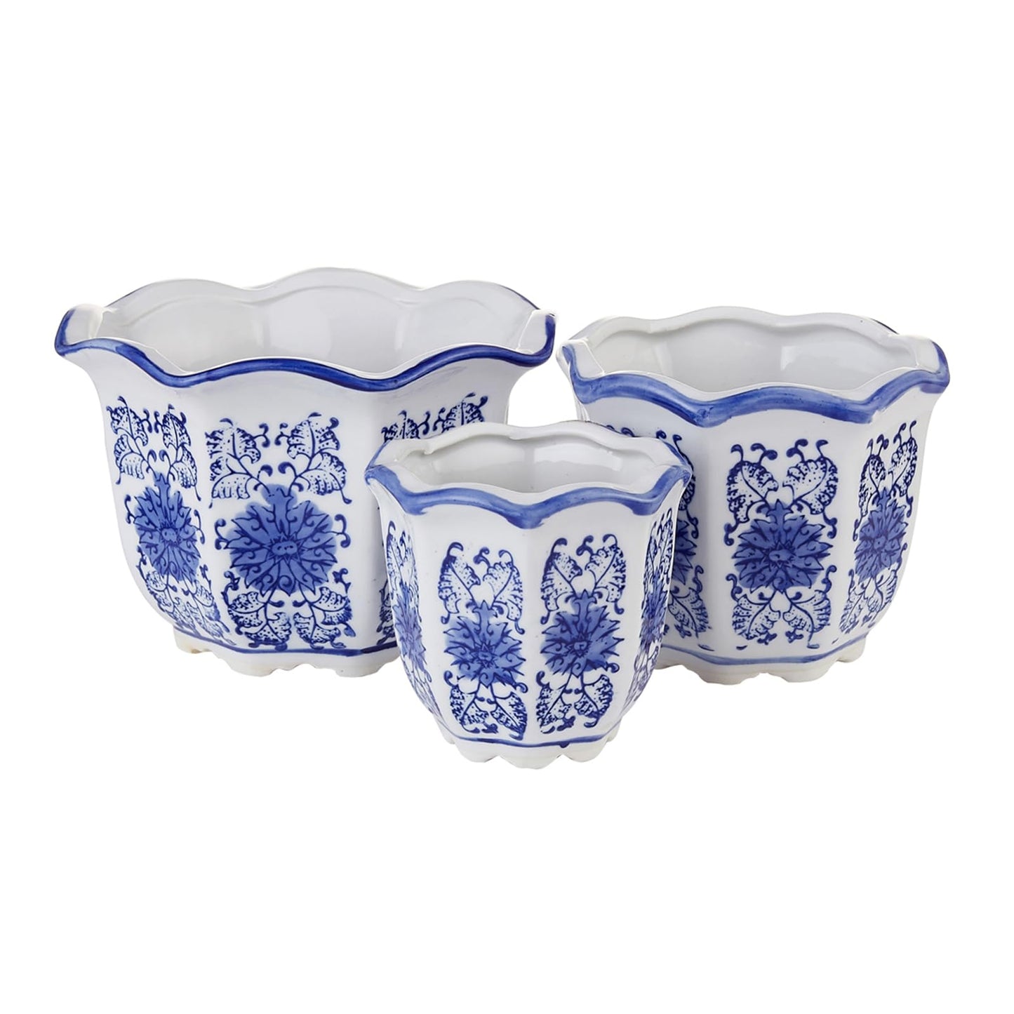 HakkaGirl Ceramic Pots for Plants, Chinoiserie Décor Ceramic Flower Pots Planters for Indoor Plants with Drainage, Blue and White, Set of 3