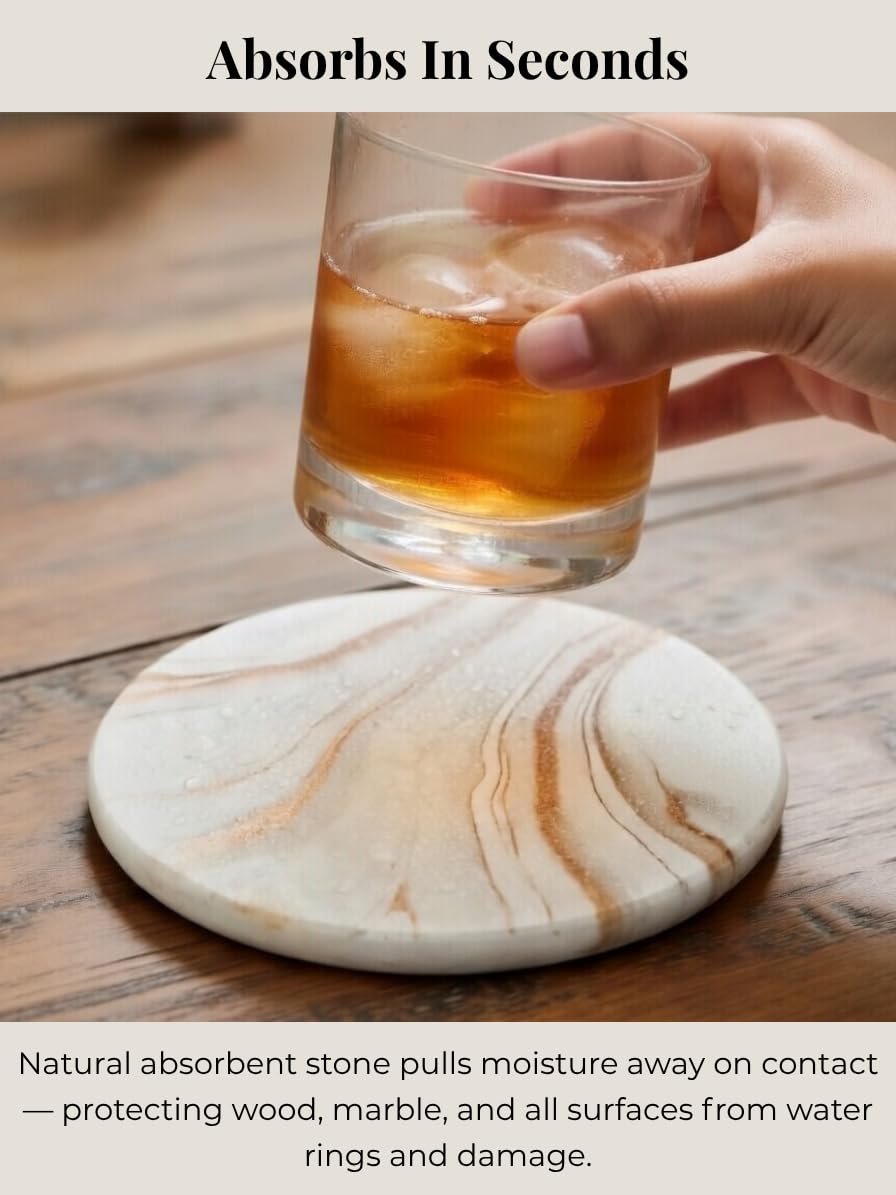 Zelora Absorbent Stone Coasters Set of 6 with Holder – Diatomite Drink Coasters for Cups & Table Protection, Modern Coffee Table, Office Desk & Bar Decor, Outdoor Patio Use, Gift-Ready