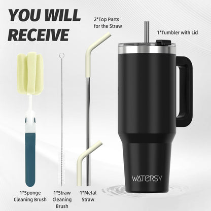 40 oz Tumbler with Handle,Tumbler with Lid and Straw,Double Wall Insulated Cup Stainless Steel Travel Mug(Cold for 34 Hours),Water Bottle for Iced Tea,Coffee,Cold Beverages(Black)