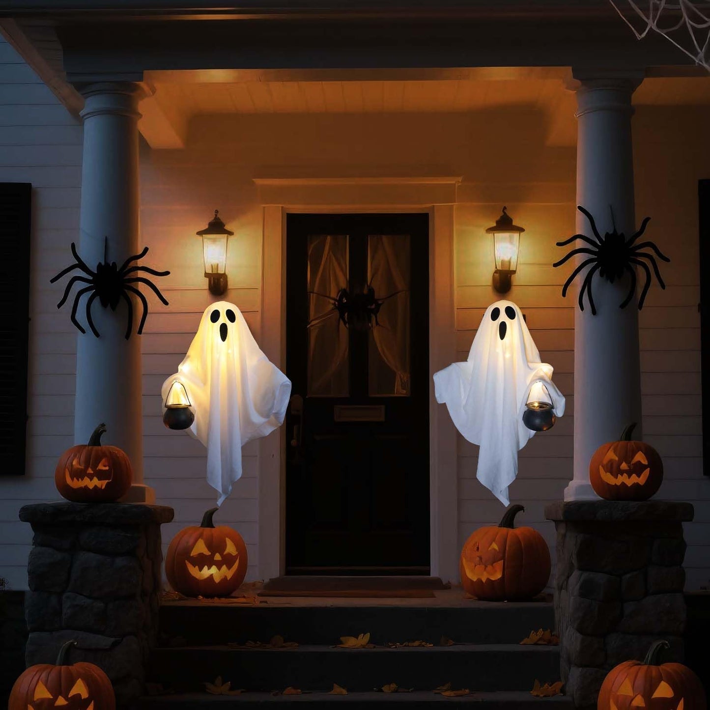 [Timer] 2 Pack Halloween Light Up Ghost Decorations, Battery Operated Flying Hanging Ghosts Glowing Led Lights Remote Control 8 Lighting Modes Floating Swinging Yard Garden Porch Outdoor Indoor Decor