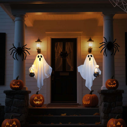 [Timer] 2 Pack Halloween Light Up Ghost Decorations, Battery Operated Flying Hanging Ghosts Glowing Led Lights Remote Control 8 Lighting Modes Floating Swinging Yard Garden Porch Outdoor Indoor Decor