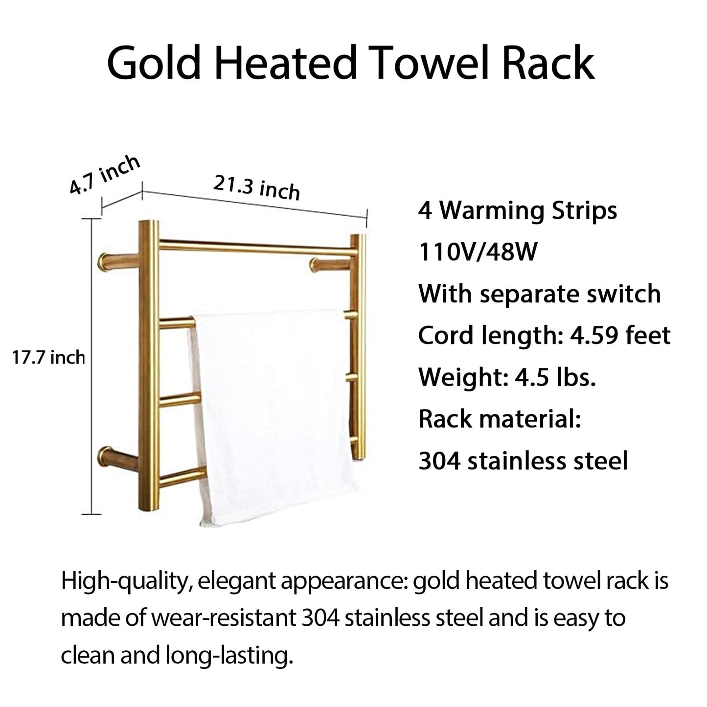 Towel Warmer Rack for Bathroom with Timer/Fahrenheit Temperature Control Wall Mounted Electric Heated 10 Bar Rail Plug-in or Hardwired Keep Bath Shower Towel Warming (Brushed Gold)