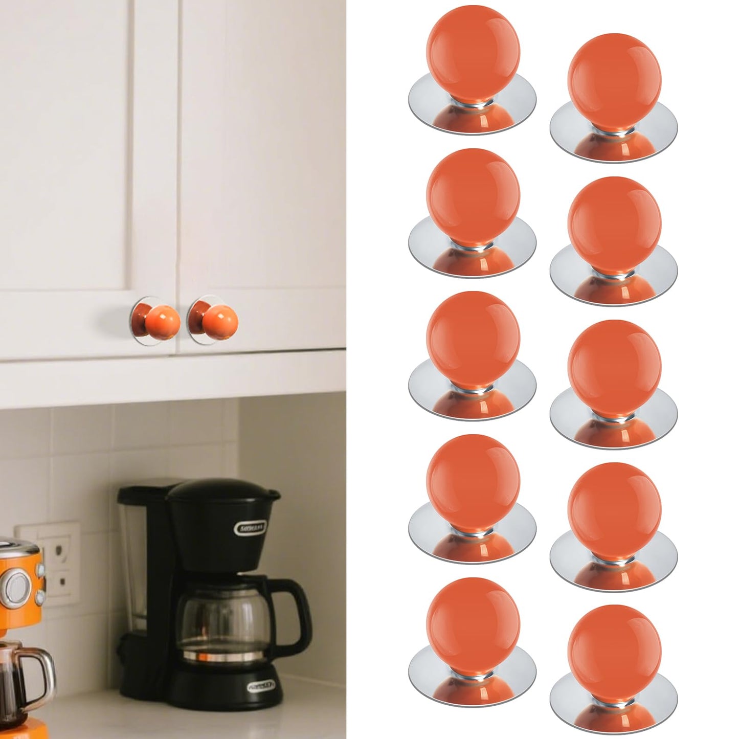 CoreFunc 10 Pack Peel and Stick Cabinet Knobs Orange Adhesive Ceramic Handles Ball Shape Adhesive Pulls Stick on Dresser Drill-Free Knobs for Cupboard Drawer Door Mirror Cabinet Wardrobe Container