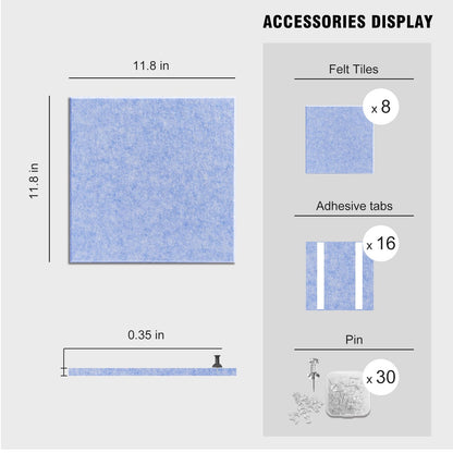 TSJOFFICE Large Cork Board for Wall - 48" x 24" Bulletin Board with 30 Pushpins for Office Decor, Pin Board 8 Pack Felt Tiles with Safe Removable Adhesive Tabs, Corkboard for Home - Light Blue & White