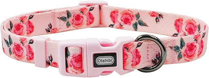Dog Collar and Leash Set, Cute Rose Pattern, Polyester Material, 5ft Leash, for Small Dogs.(Small,Pink Rose)