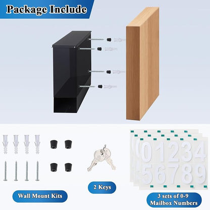 Locking Mailbox Wall Mount for Outside– Jssmst Mailboxes with Number and Key Lock for Front Door Fence, Large Capacity Letter Box, 14.3 x 4.1 x 11.8 Inch, Black
