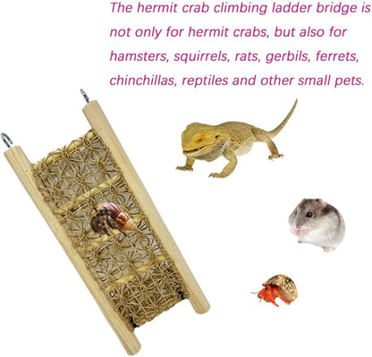 1 Pcs Hermit Crabs Climbing Wooden Ladder Bridge with Hooks, Small Animals Climbing Toy with Rope for Hermit Crabs Chameleon Lizards Reptile Bird Parrot