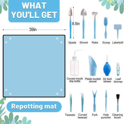 20pcs Small Gardening Tools Gifts for Women Beginners - Garden Hand Tools Set for Indoor Succulent Bonsai Plants Transplanting, Included 39" Plant Repotting Mat/Miniature Shovel/Labels, Blue