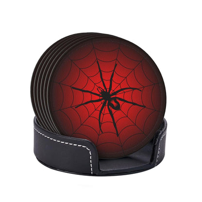 Spider Coasters for Drinks with Holder Leather Coasters Set of 6 Cute Halloween Drink Coasters Sets for Living Room Kitchen Coffee Bar Table