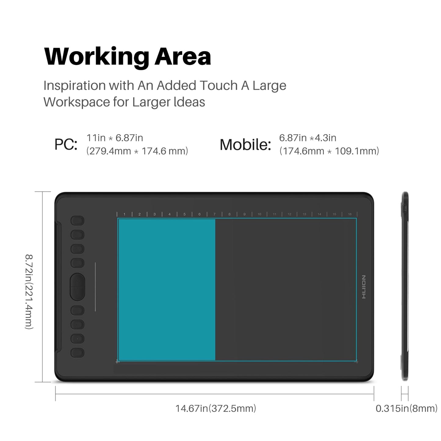HUION Inspiroy H1161 Graphics Drawing Tablets, Touch Strip and 8192 Pen Pressure Sketch Tablet with Battery-Free Stylus,10 Shortcut Keys, Compatible with Android, Windows, and Mac Black