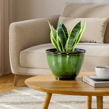 Vanslogreen 8 Inch Plastic Plant Pots, Set of 4 Flower Pots Planters with Drainage Hole, Glossy Smooth Finish Planter for Indoor Outdoor Succulent Snake Plants (Green)