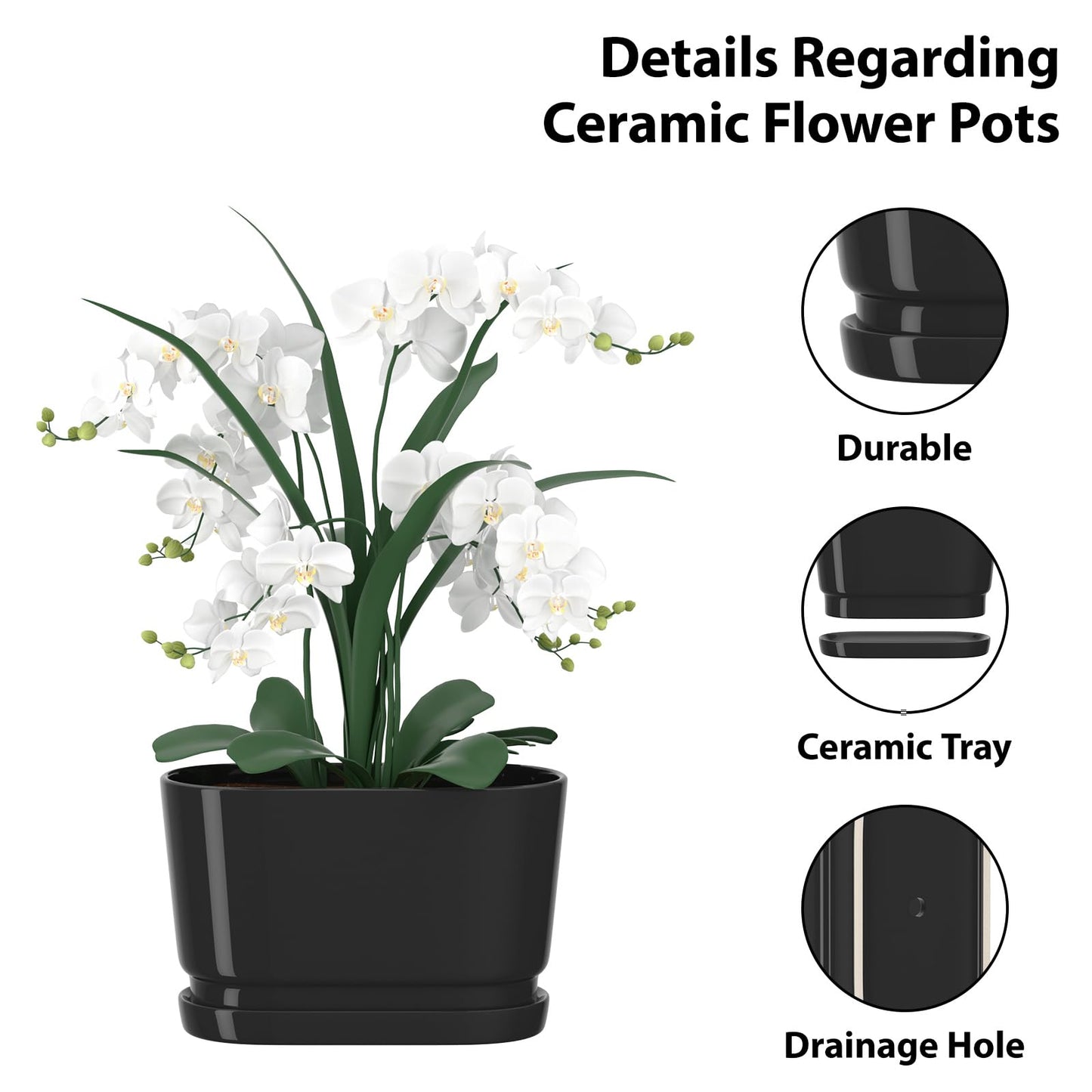 XiHuaer 8.9x4.5x5.3 Inch Ceramic Planter with Drainage Hole and Saucer, Indoor Outdoor Plant Pot for Plants, Black