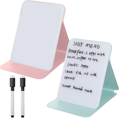 Dunzoom 2 Sets 4 Pcs Small Glass Desktop Whiteboard with Reversable Stand 8x6 Inch Mini Dry Erase White Board Easel with 2 Markers Reusable Desk Notepad for Home Office School Supplies (Pink,Green)