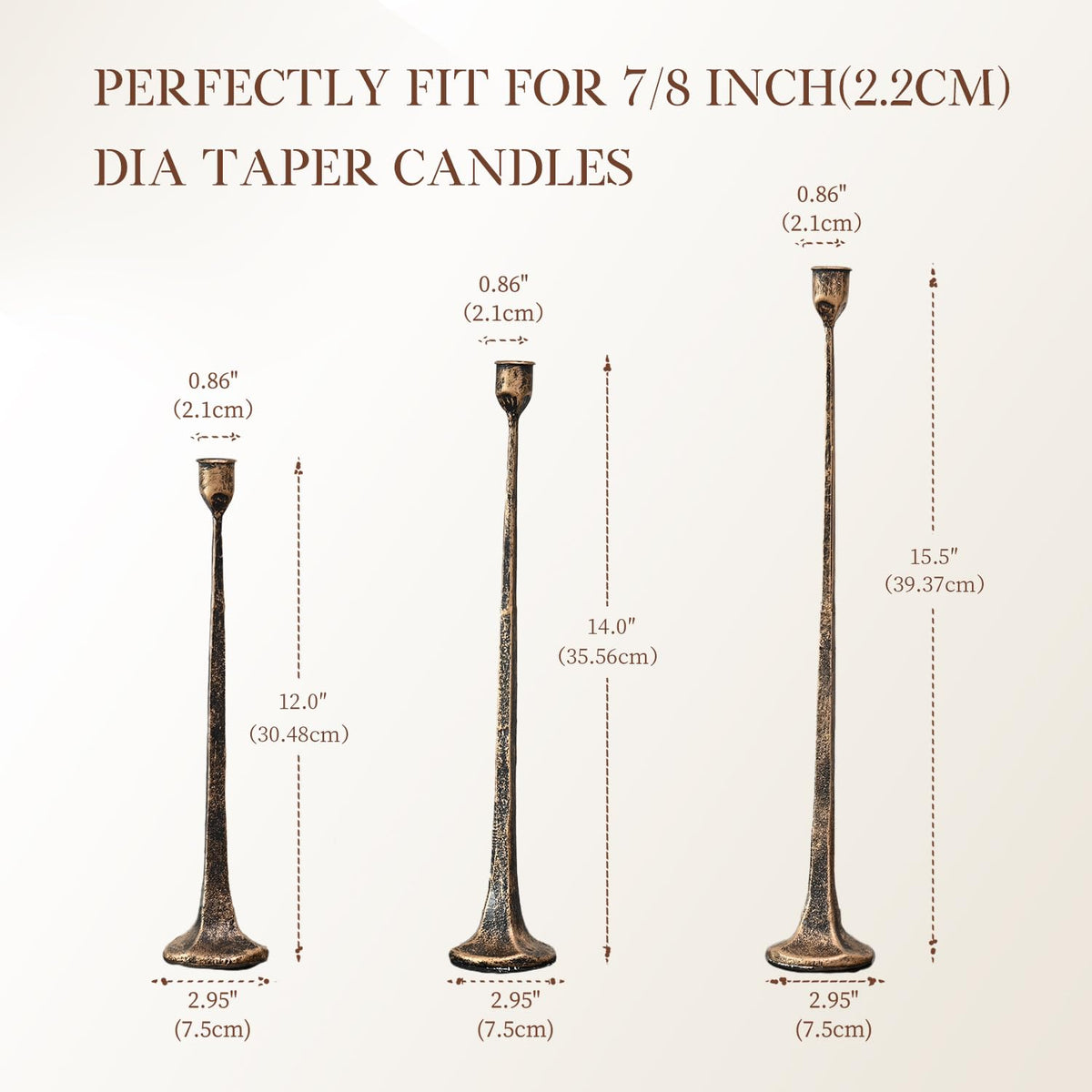 Set of 3 Candle Stick Holders, Iron Antique Gold Candlestick Holders, Fits 3/4 inch Thick Candles, Tapered Candle Holders Tall Set for Dining Table, Wedding, Home Decoration