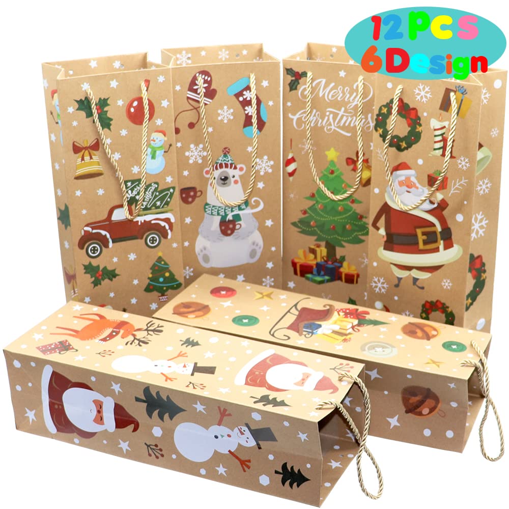 VEYLIN 12Pcs Christmas Wine Tote Bags, Xmas Thick Kraft Paper Gift Bags for Wine Bottle Wrapping
