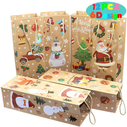 VEYLIN 12Pcs Christmas Wine Tote Bags, Xmas Thick Kraft Paper Gift Bags for Wine Bottle Wrapping