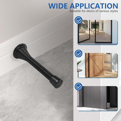 KISEER 12 Pack Spring Door Stops 3 1/4 Inch Flexible Heavy Duty Spring Door Stopper with RustProof Screw Rubber Bumper Tips (Black)