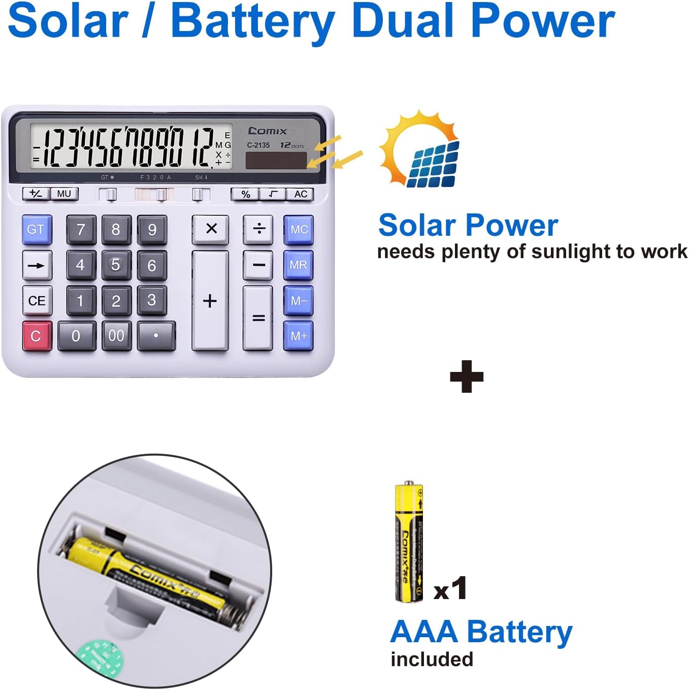Comix Desktop Calculator Solar Battery Dual Power with 12-Digit Large LCD Display and Large Computer Keys Standard Function Calculator for Home Office School, White