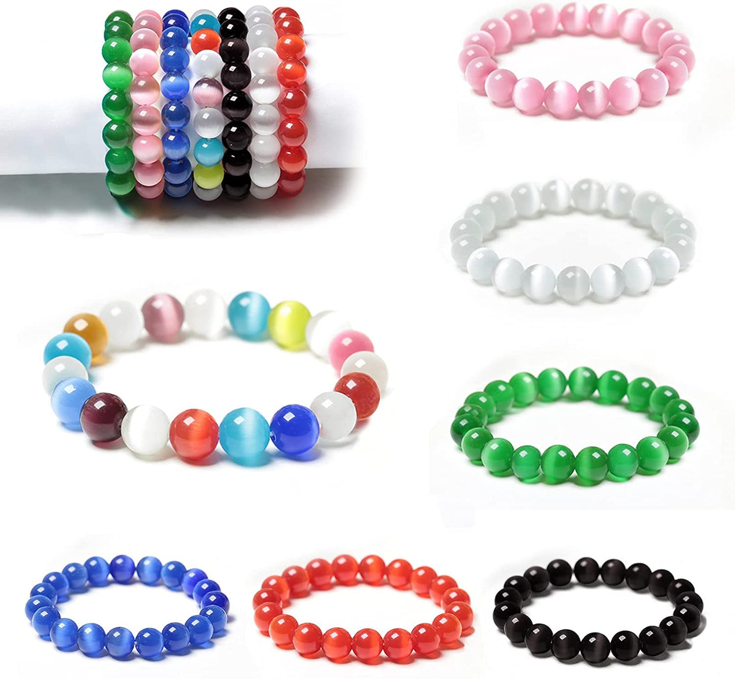 HAAMIIQII 45pcs 8mm White Cat Eye Beads Round Loose Gemstone Beads for Jewelry Making Strand 15 Inch