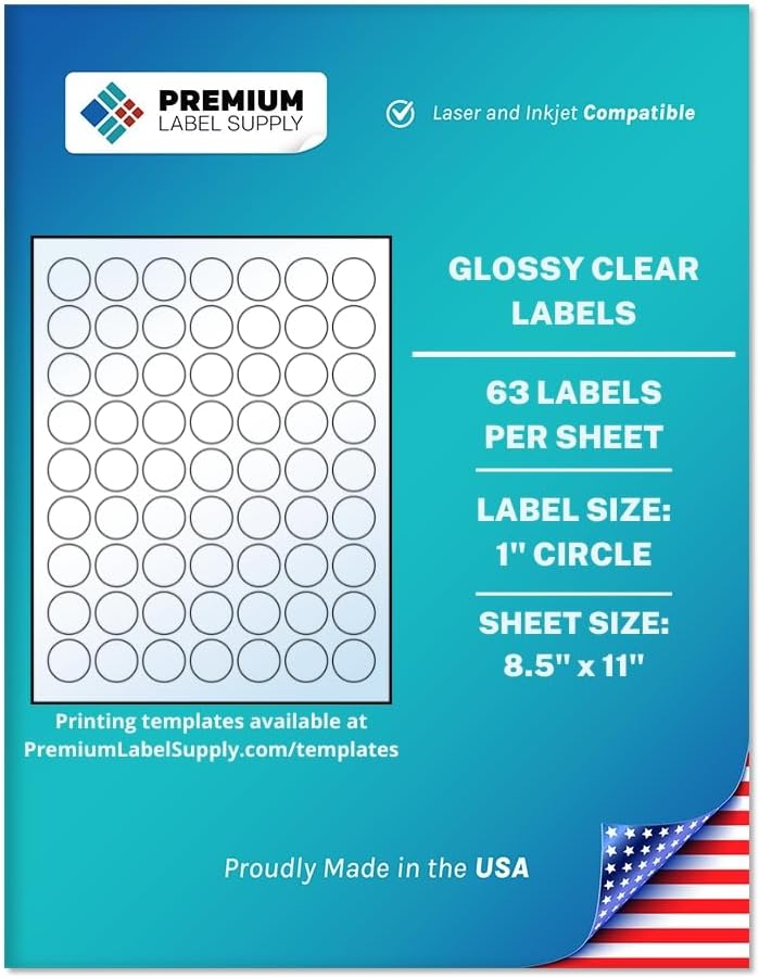 Premium Label Supply Glossy Clear Sticker Round Labels – 1" Circle – Laser/Inkjet Compatible – (63 per Sheet), 500 Sheets – 31,500 Total Adhesive Labels
